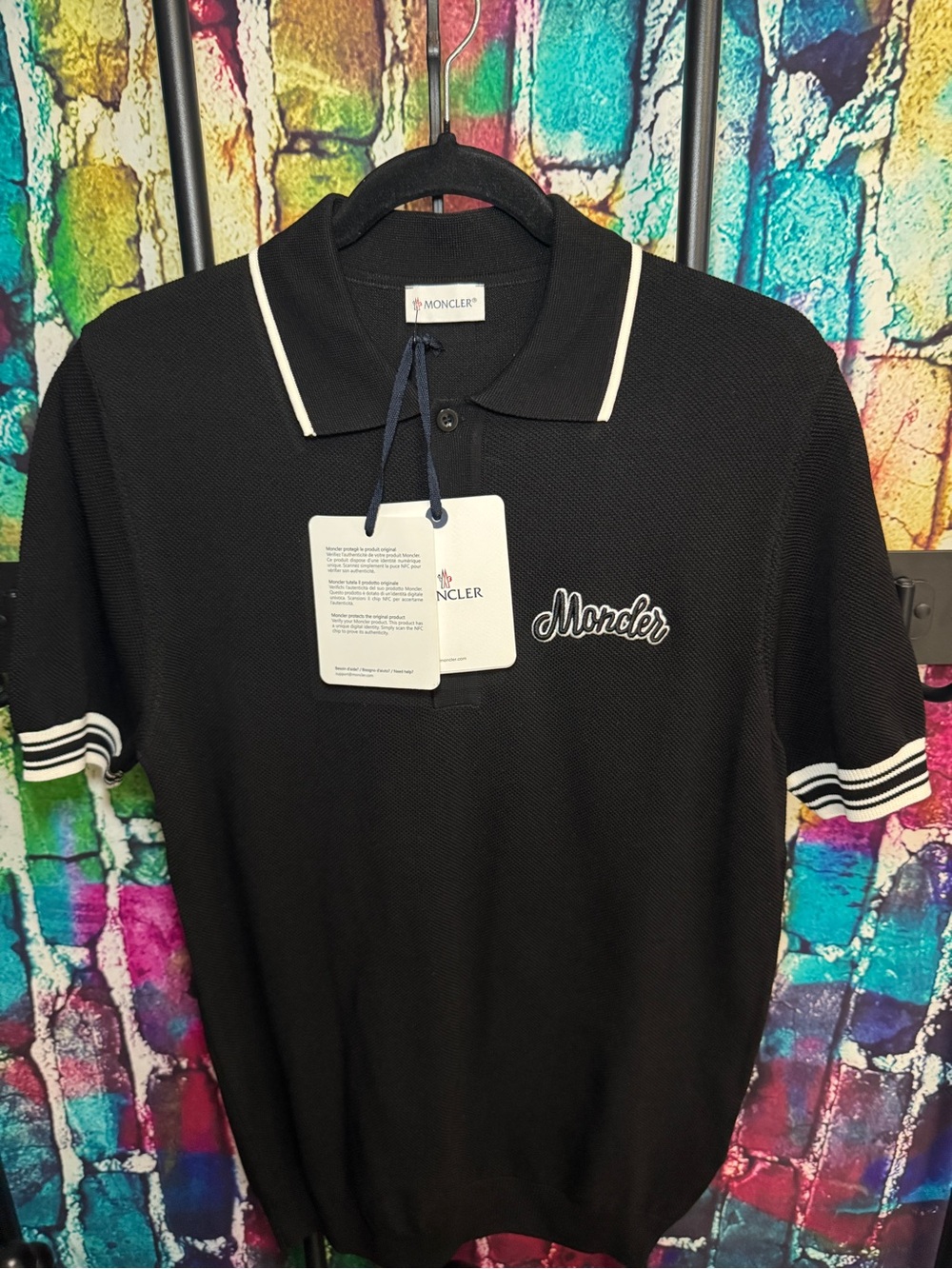 Moncler Black Polo with White Trim and Script Logo